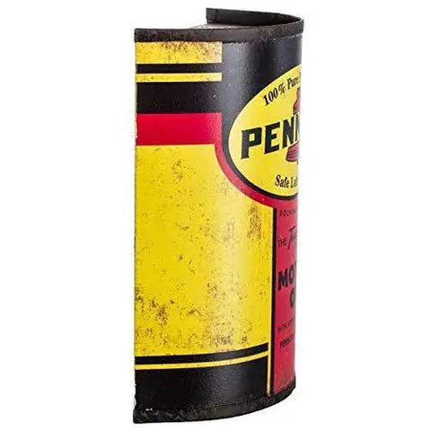 Side view of Distressed Metal Half Oil Can Wall Decor With Classic Pennzoil Logo For Garage And Man Cave Vintage Auto Theme Wall Art Retro Gas Station Vibe Nostalgic Metal Sign For Auto Enthusiasts And Collectors.