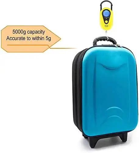 Beefy Hanging Scale With 11 Pound Capacity, LCD Digital Weigh Scale In Bright Yellow weighing a blue suitcase, reads grams or ounces.