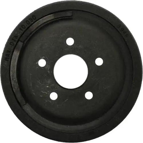 Centric C-Tek rear brake drum, black metal, front view with five lug holes.