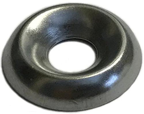 Stainless steel countersunk finishing cup washer, 1/4 in hole; close-up view, shiny metal.