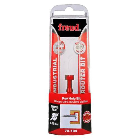 Freud 25/64 Inch Key Hole Router Bit With Perma-Shield Red Coating, in packaging, visible 1/4 inch shank, pro-grade design.