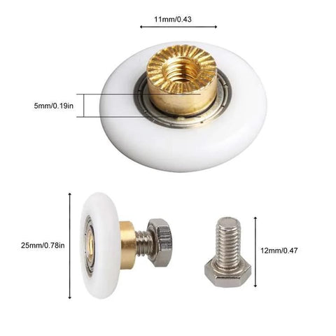 Shower Door Roller Set 25mm Twin Wheel Runners For 4 To 6mm Thick Doors Top And Bottom Replacement Parts White 4 Pack Includes Stainless Steel Screws Copper Core POM Wheels Easy Install No Fuss