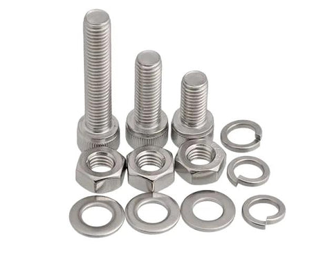 Stainless steel SAE bolt set with split lock washers and hex nuts; six sizes from 1/4 to 5/8 in