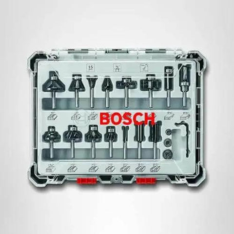15 Piece Micrograin Carbide Tipped Wood Router Bit Set Universally Compatible For DIYers Finishing And Shaping Soft And Hard Woods And Wood Composites Bosch RBS015MBS in a storage case