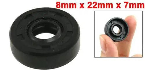 Double Lip Oil Seal 8x22x7mm, black polyurethane rubber, steel spring, for rotary shaft TC spring loaded heavy duty use, close-up view.