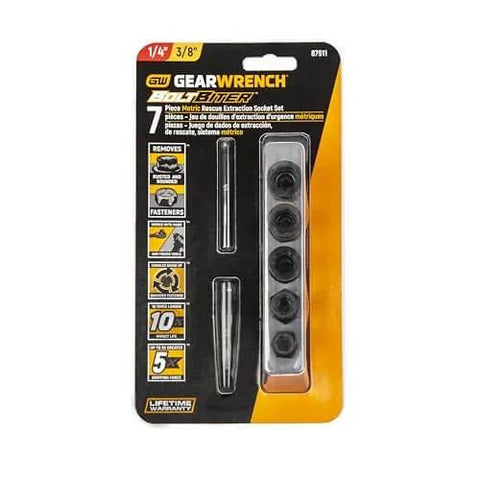Packaging of Seven Piece Metric Bolt Biter Extraction Socket Set With One Quarter And Three Eighths Inch Drive Bi-directional for damaged fasteners