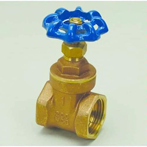 Gate valve, 1 in brass with blue handwheel, non-rising stem, threaded ends.