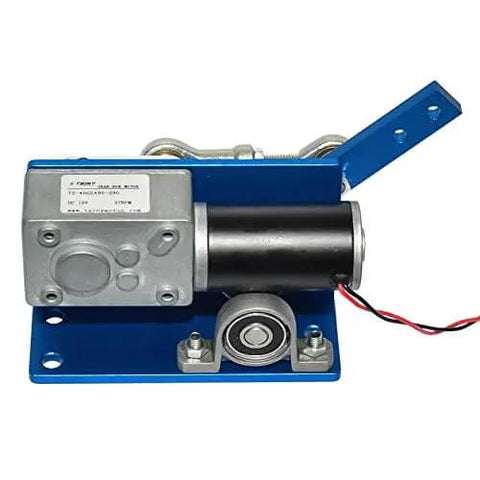 12V DC Linear Actuator For DIY Projects With 90 Degree Stroke, 8 RPM No Load Speed, mounted on blue base plate