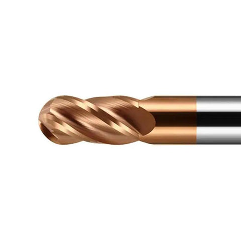 Close-up of a One Quarter Inch Carbide Ball Nose End Mill Bit With Four Flutes TiN Coated For Alloy Steels And Hardened Steels.