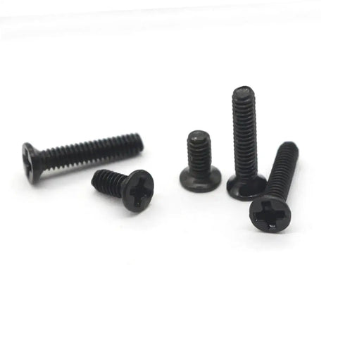 Black carbon steel flat head countersunk machine screws from Miniature Screw Set With Flat Head Countersunk Machine Screws In Transparent Storage Case For Diyers And Pros Organized By Size For Quick Access Handy Box For Home Repairs Electronics Appliances And Hobby Projects.