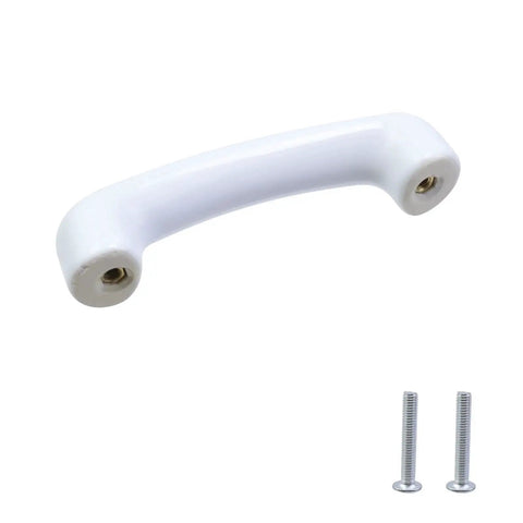 White Glossy Ceramic Cabinet Pulls Arch Shaped 4 Pack Dresser Knobs With 3.03 Inch Hole Centers and screws displayed on a white backdrop