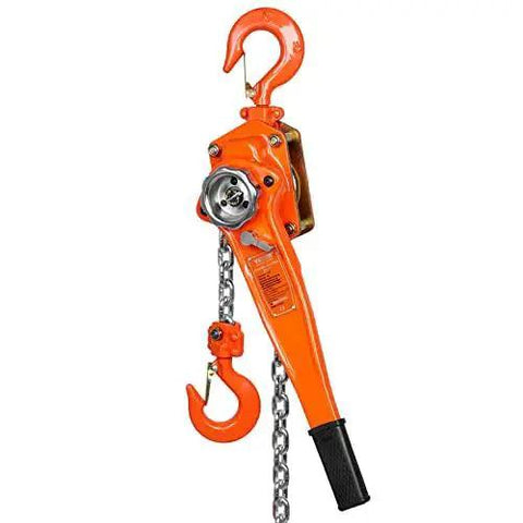 Front view of 1.5 Ton Manual Lever Chain Hoist With Double-Pawl Brake 10 Ft Lift, orange carbon steel frame.