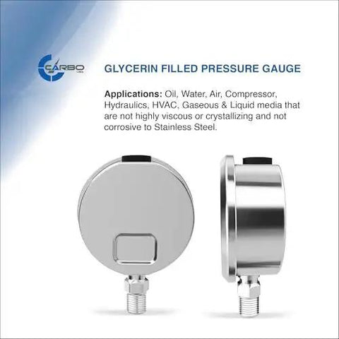 Front and side view of Stainless Steel Wetted Parts Carbo Instruments 2.5 Inch Pressure Gauge With Liquid Filled Case And Lower Mount One Quarter Inch NPT, 0 To 60 Psi KPa, Dual Scale In Psi And Bar With Guidance, Built For Oil Water Air Hydraulics HVAC.