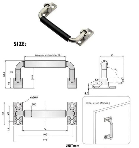 Diagram of Stainless Steel Folding Cabinet Handle 4 Inch 90 Degree Pull With Rubber Grip, installation on kitchen cabinet door.