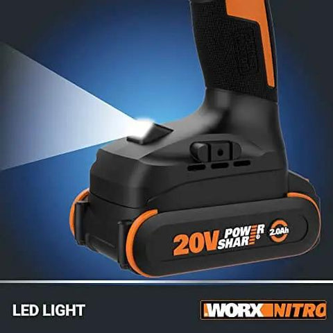 Close-up of Nitro 20V Cordless Drill Driver With Brushless Motor Ultra Compact And Lightweight showing LED light feature.