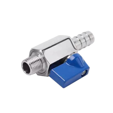 BesNPT stainless steel shut-off ball valve, 1/4 in NPT male x 1/4 in hose barb, blue handle, pack of 2