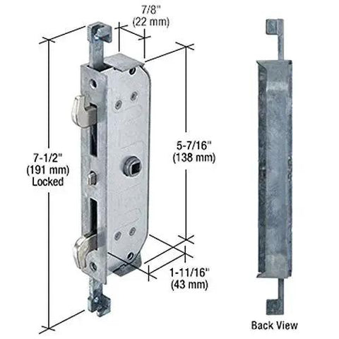 Sliding Patio Door Mortise Lock For Two Panel Systems, Genuine OEM Replacement Hardware with dimensions and dual hook design