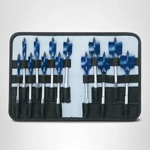 Daredevil Spade Bit Set In Pouch From Bosch With Full Cone Threaded Tip for Fast Drilling, showing 13 sizes from 1/4in to 1-1/2in.
