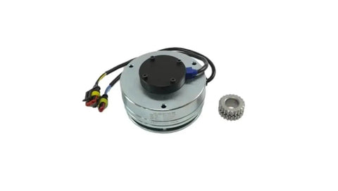 Electromagnetic brake assembly for forklift; silver circular housing with black top, wiring, and a knurled gear ring beside.