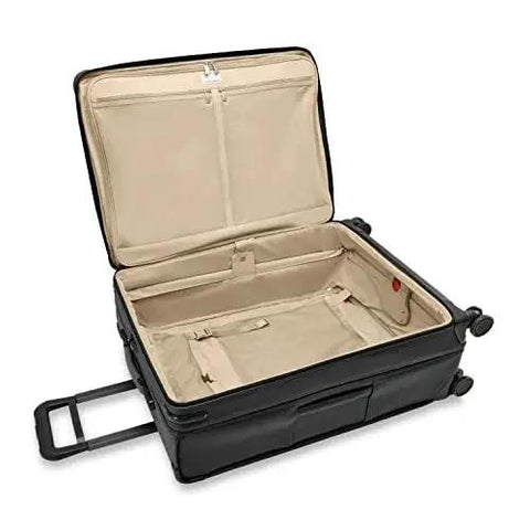 Open view of Large 29 Inch Expandable Spinner Checked Luggage for Travel with One Touch CX Compression and Four 360 Spinner Wheels, black.