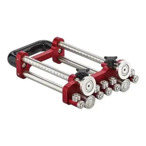 Pro Grade 2 Station Metal Bender, red, with adjustable roller spacing for precise bends in roofing metal fabrication.