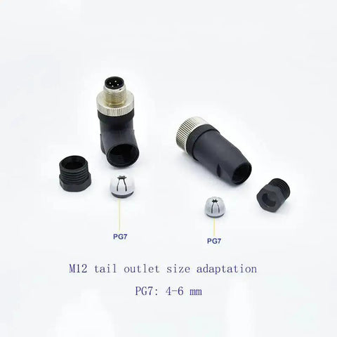 M12 4 Pin D Code Male Connector Field Wireable Adapter IP67 Waterproof with PG7 Cable adapters shown