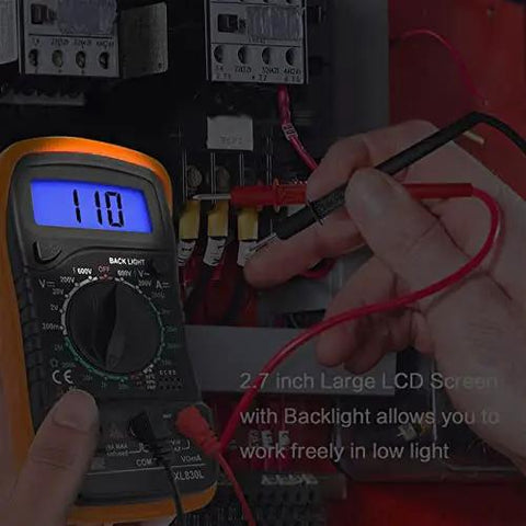 All In One Digital Multimeter Voltmeter Kit With LCD Display For AC DC Voltage And Current testing in use with test leads.