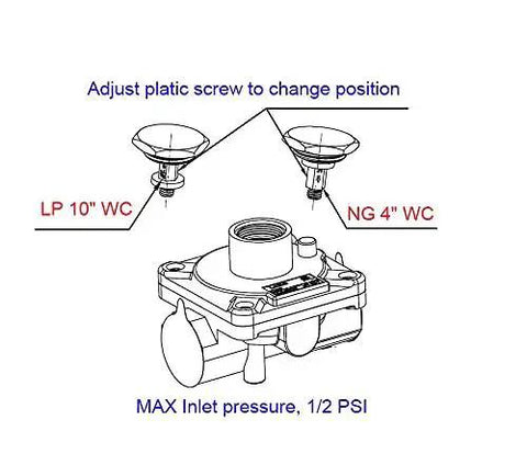 Diagram of Natural Gas Grill Regulator With Half Inch In And Out NPT Threads, Low Pressure Gas Regulator For LP And NG settings.