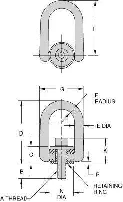 Technical diagram of Heavy Duty Swivel Hoist Ring With 360 Degree Swivel And 180 Degree Pivot Load Rating 2500 Lbs Black Oxide Finish