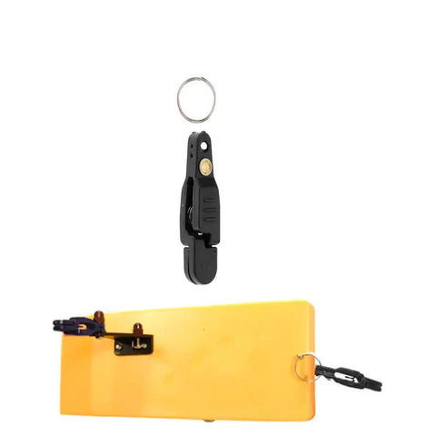 Heavy Duty Offshore Fishing Line Clips With O Rings for planer boards and outriggers, black ABS plastic, shown attached to yellow board.