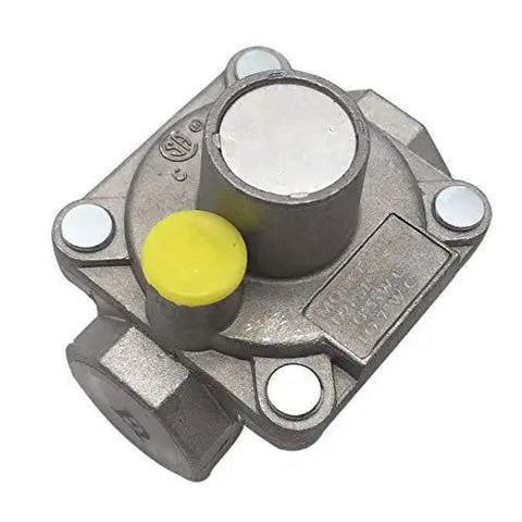 Low Pressure Natural Gas Regulator For Grill Use Three Eighths Inch NPT 5 Inch Water Column Outlet 30000 BTU Hr For NG Gas Lines And Gas Grills Ready To Install In Outdoor Or Indoor Grills With CSA CE Certification, featuring a metal body with yellow cap, seen from top view.