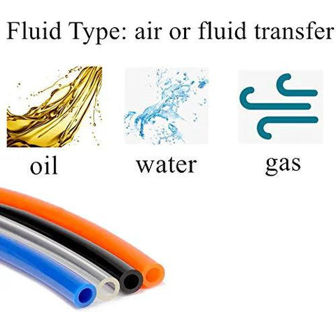 Pneumatic tubing hoses, front view, 1/4 in OD PU line in blue, orange, gray for air or fluid transfer