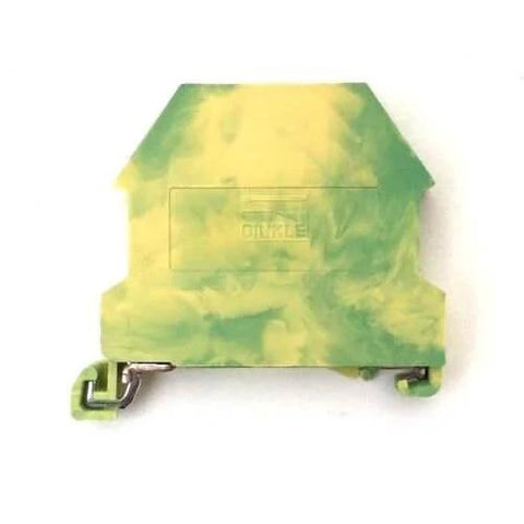 Front view of DIN Rail Grounding Terminal Block With Cover DK4N-PE DK2.5NC-PE, Screw Type, Green Yellow, 630V, 30A, 10-28AWG, Pack Of 25.
