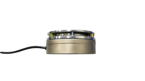 Electromagnetic brake unit for forklift, side view, metal housing with black cable