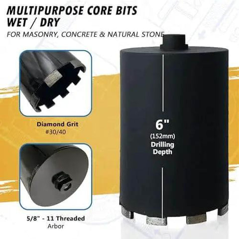 Dry And Wet Pro Grade Multipurpose Core Bit For Masonry Concrete And Natural Stone With SDS Plus Adapter, 6 Inch Drilling Depth, Five Eighths Inch Eleven Thread Arbor, front view.