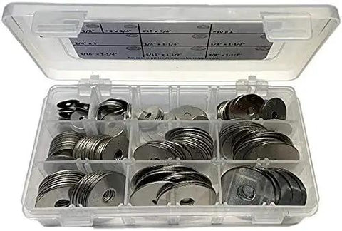 316 Stainless Fender Washer Assortment Kit For Marine Hardware, 180-Piece Premium Set, open box showing various washer sizes