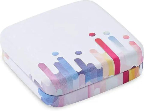 Colorful tin box for ZEISS Lens Cleaning Wipes Tin Boxes With Hinged Lids Pack Of Four, showcasing a vibrant abstract design.