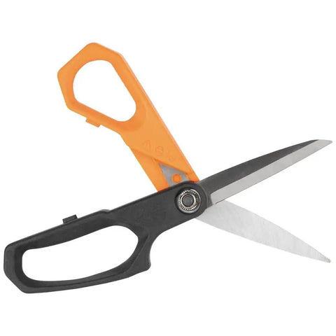 Heavy Duty Multipurpose Utility Scissors For Fabric Cardboard Plastic And Metal With Stainless Steel Blades 9 Inch Ergonomic Cushioned Grips And Adjustable Pivot Klein Tools, orange and black handles visible