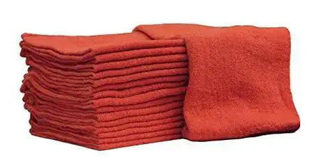 Lint Free 14x14 Shop Towels 25 Pack 100% Cotton Commercial Grade Red Rags stacked with durable overlocked stitching.
