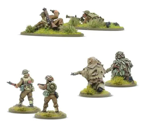 28mm British WWII Bolt Action teams, including flamethrower, PIAT, and ghillie-suited sniper, from tabletop miniatures set.
