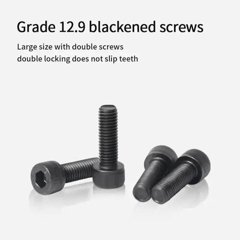 Grade 12.9 blackened screws, large size with double screws for secure locking, against a white background
