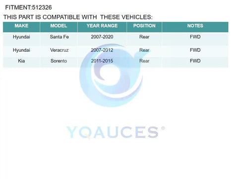 Compatibility chart for Rear Wheel Bearing And Hub Assembly For Hyundai Santa Fe 2007-2020, Veracruz 2007-2012, and Kia Sorento 2011-2015