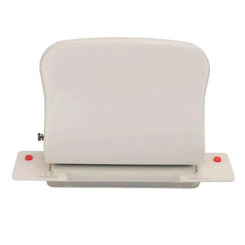 Front view of Heavy Duty Metal Hole Punch For Home Office Desk in white, showing space saving design with cover storage and 10 sheet capacity.