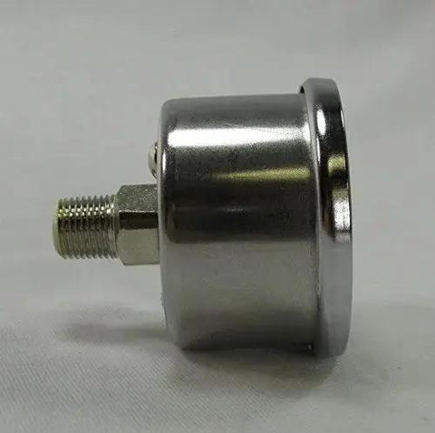 Side view of 60 Psi Oil Pressure Gauge For Harley Davidson Bobber Chopper And Cafe Racer Builds with stainless steel case and NPT fitting.