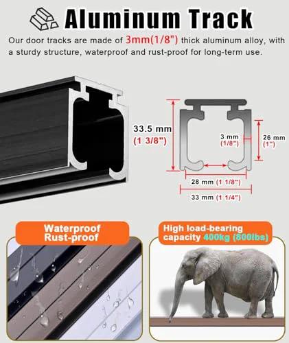 Ultra Smooth Soft Close Aluminum Sliding Door Track Kit showing 3mm thick aluminum, rust-proof, high load-bearing capacity.