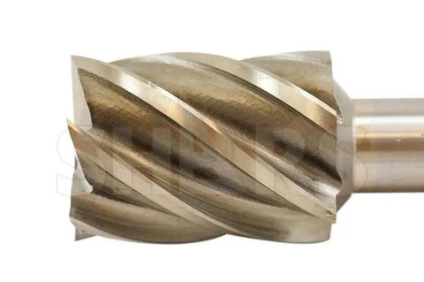 Close-up of Rugged HSS End Mill With 1-1/2 Inch Cutting Diameter And 3/4 Inch Shank, 6 Flutes, Single End, Center Cutting, Right Hand Spiral