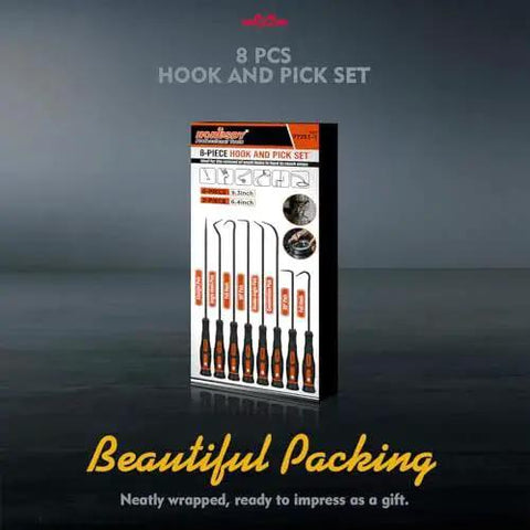 Box of Professional 8 Piece Hook And Pick Set For Automotive Precision Work With Oil Seal Puller And O Ring And Gasket Removal