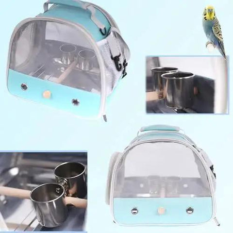 All In One Bird Feeder Cups With Clamp Mount On Standing Perch Two Stainless Steel Food And Water Cups Rust Resistant And Easy To Clean Fits Wooden Or Rope Perches On Halinfer All Bird Carrier And Backpack inside a clear bird backpack.