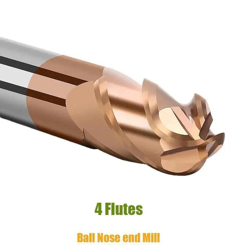 Close-up of Premium Carbide Ball Nose End Mill Bits Set Five Piece Four Flutes TISIN Coated showing four flutes.