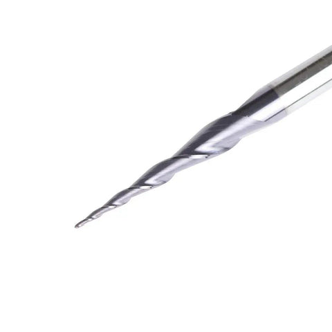 Close-up of a bit from the Tapered Ball Nose End Mill Set for 3D Wood Carving and CNC Router Projects, One Eighth Inch Shank, 0.25mm Radius Ball Tip.